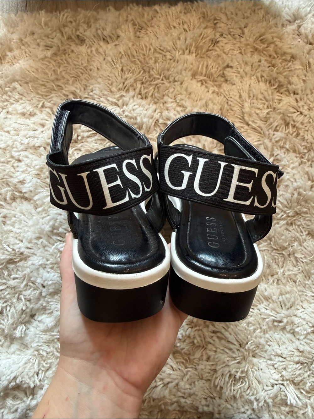 GUESS Black and White Platform Sandals with Logo Strap